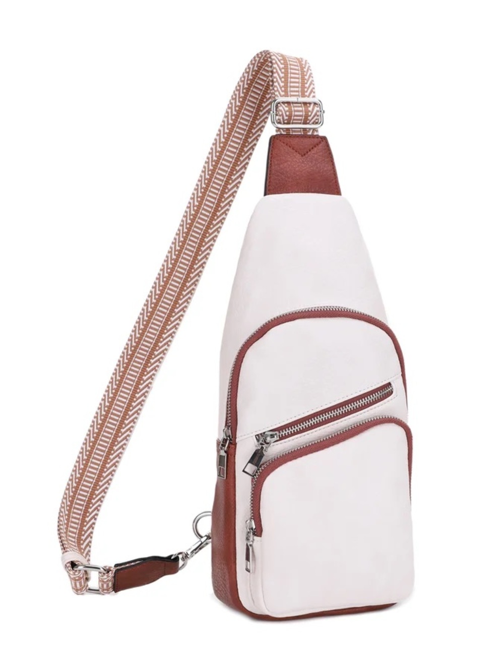 White and Brown Leather-Trim Crossbody Sling Bag
